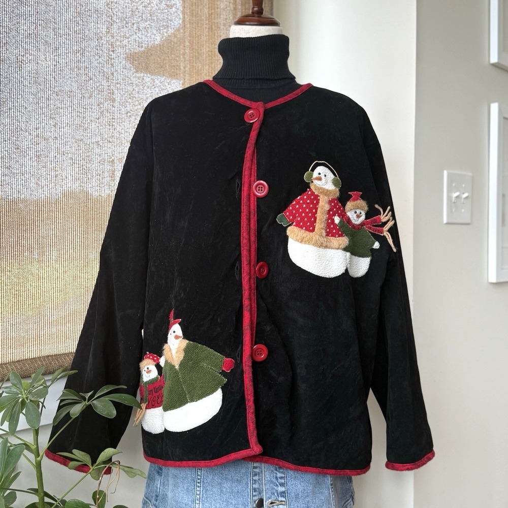 Vintage Black Velvet Snowman Cardigan Sweater One Size Holiday‎ Ugly Christmas
